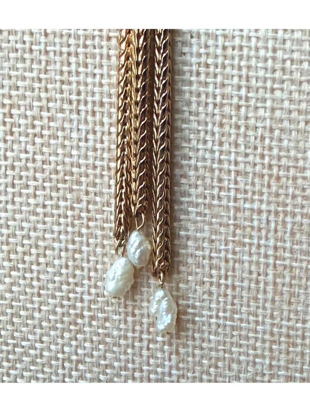 🚫SOLD OUT🚫Vintage 80s Lariat Necklace Freshwater Pearl Tassel Gold - Picture 2 of 9